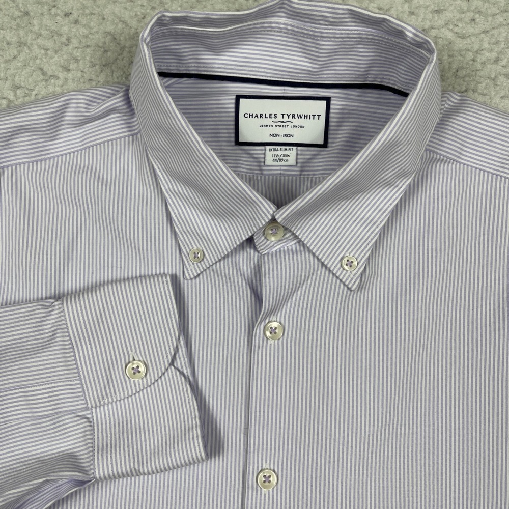 Charles Tyrwhitt Dress Shirt Mens 17.5 Lavender Extra Slim Fit Non Iron Preppy